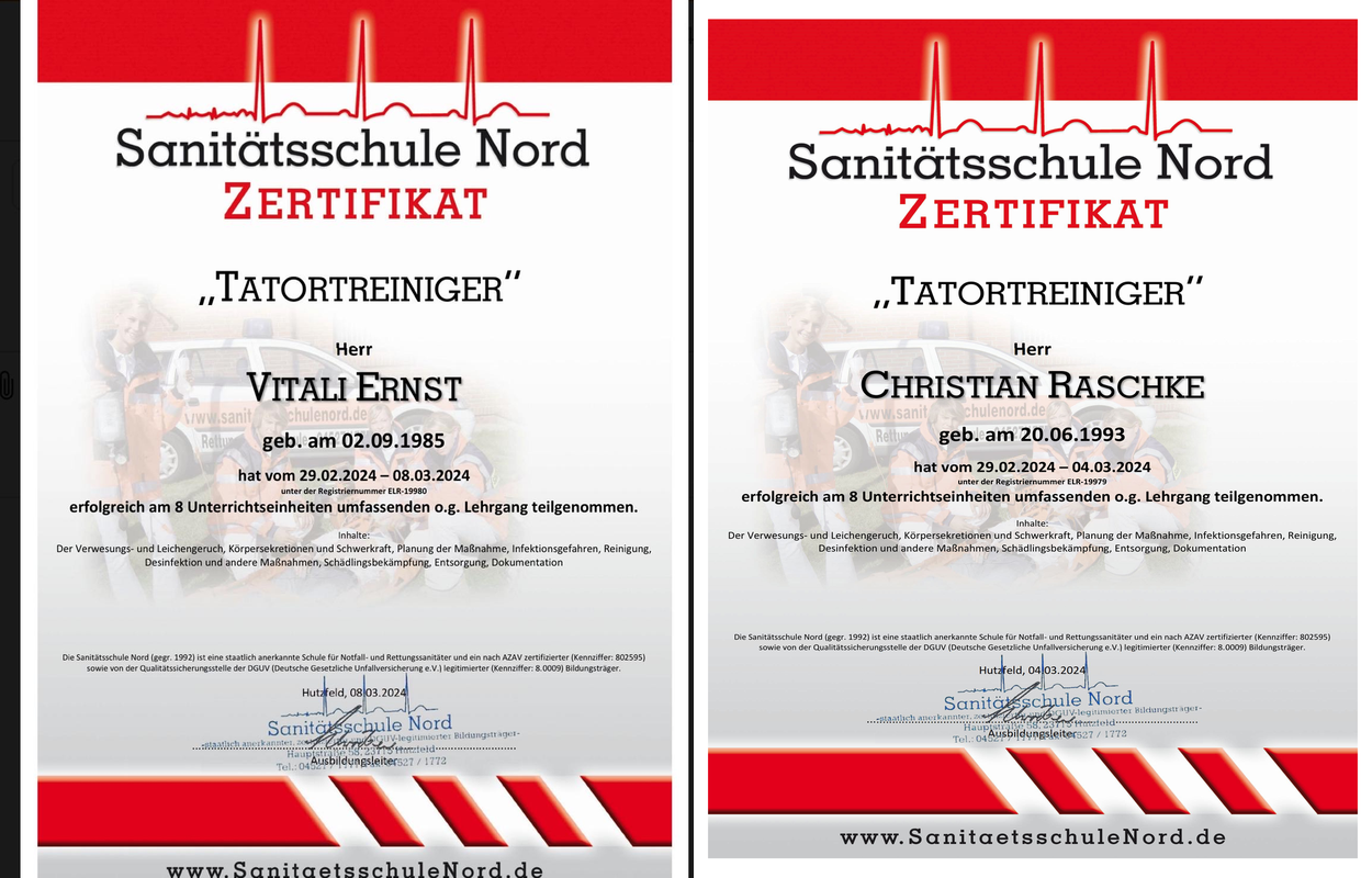Zertifikate Tatortreinigung